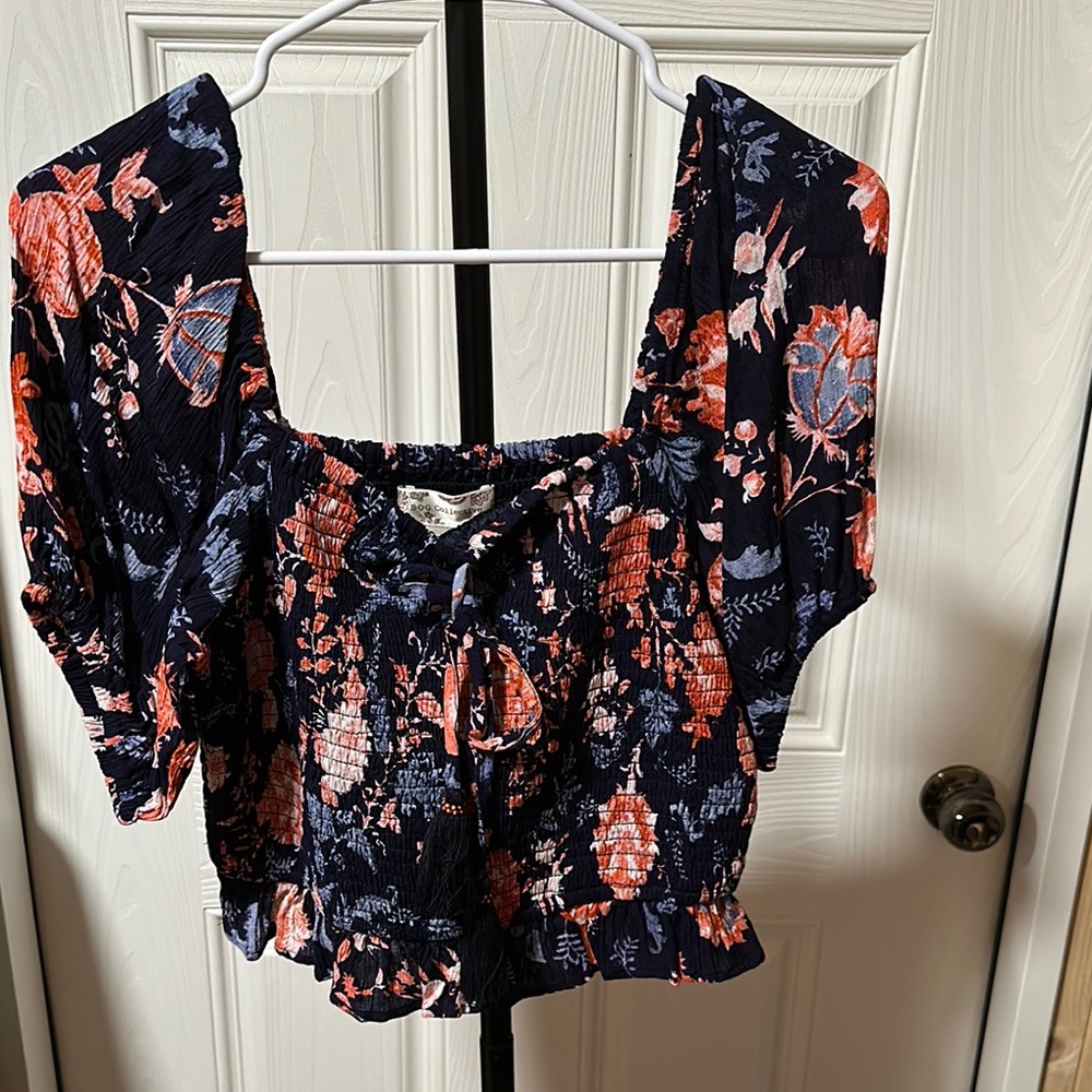 BOG Collective Floral Navy and Coral smocked Cropped Women's Top